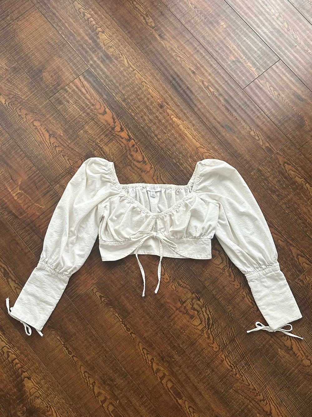 Topshop Ivory Puff-Sleeve Tie-Front Crop Top